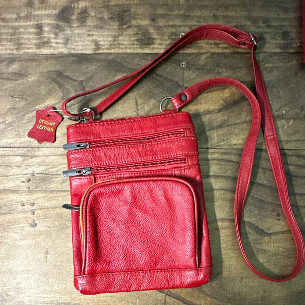 Womens Red Small Crossbody Bag Triple Zip Lined Inner Pockets Detachable Strap